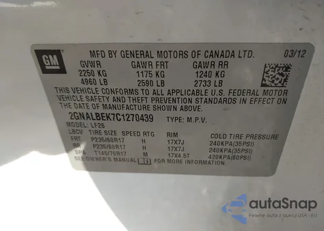 2012 Chevrolet Equinox Ls z USA, uszkodzony, nr VIN 2GNALBEK7C1270439